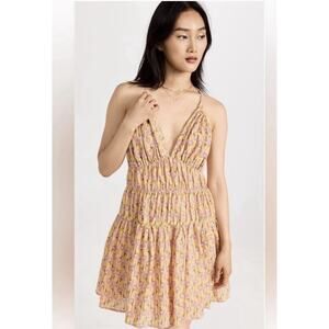 Ciao Lucia Zeta Yellow Pink Bloom Print Smocked Sun Dress M USA Made 100% Cotton